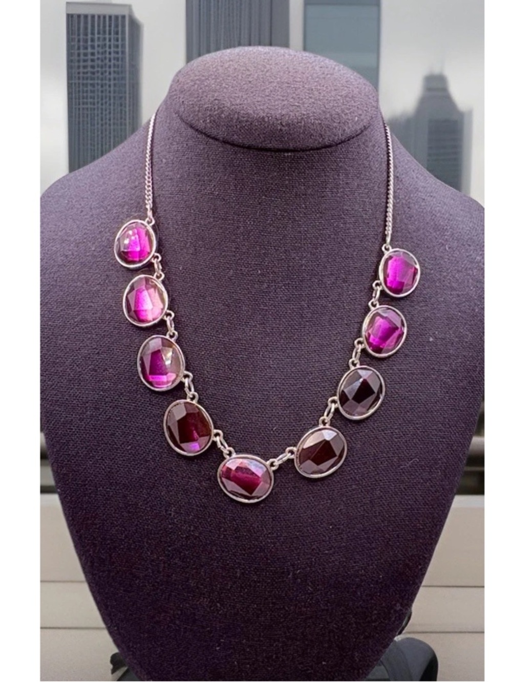 Vintage Purple Faceted Collar Necklace Retro Silvertone Pink Highlights 17-19”
